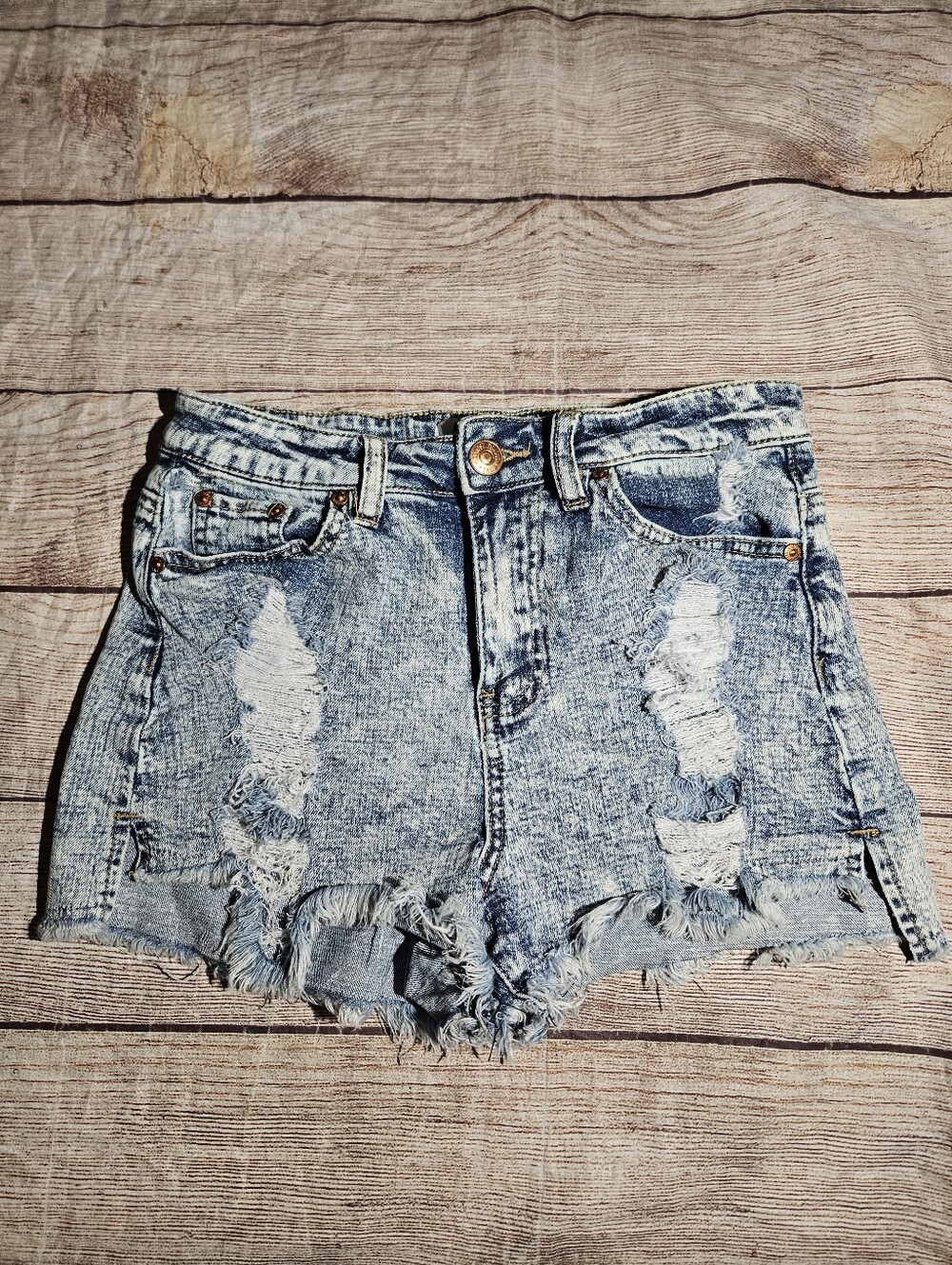 Almost famous blue acid wash distressed super high rise jean shorts